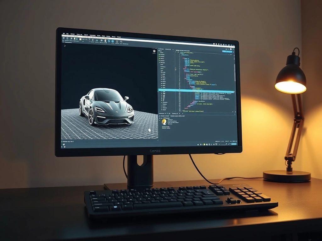 A game development editor on a monitor showing a wireframe model and code.